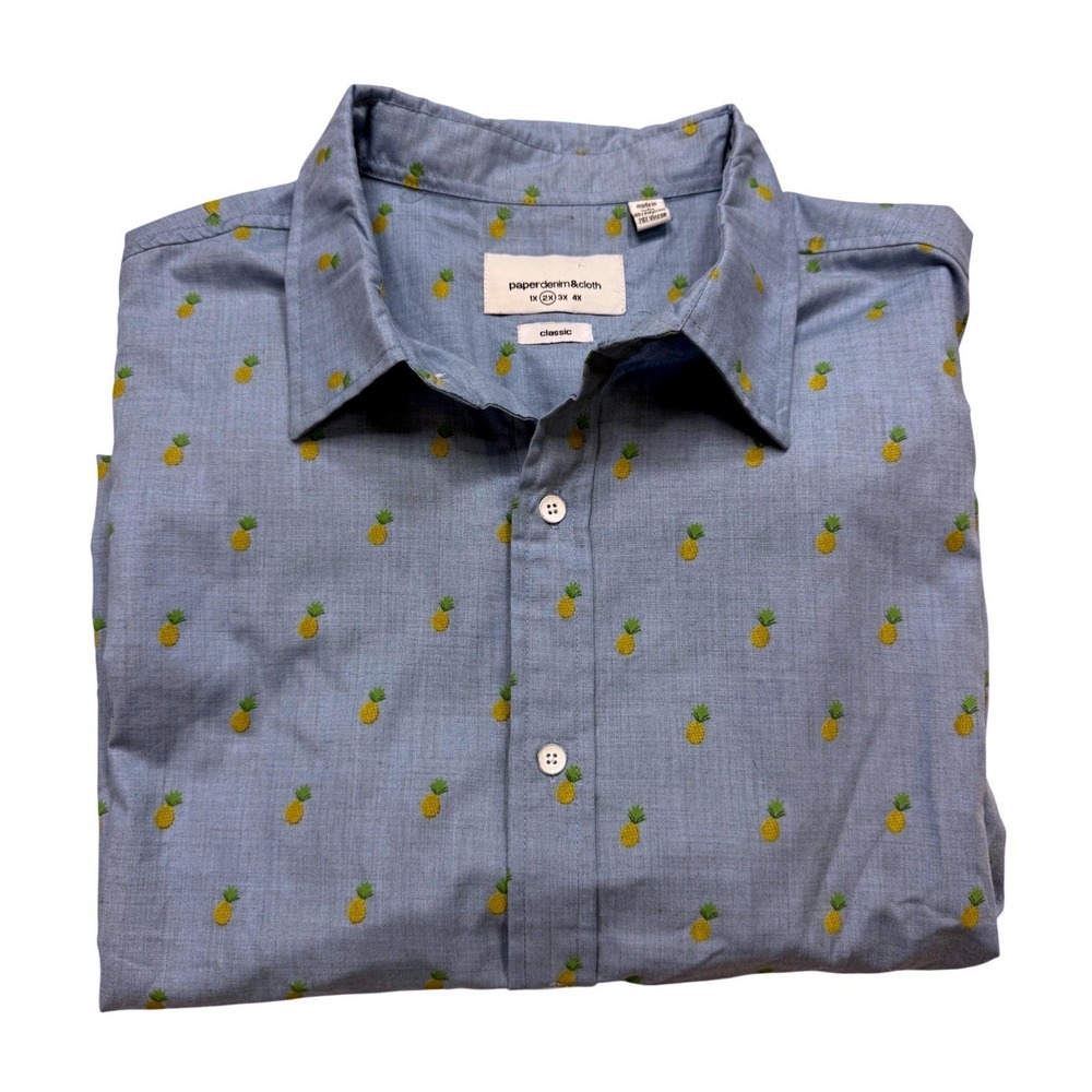Paperdenim&cloth Button Up Shirt Mens 2X Blue New Pineapple Print Short Sleeve